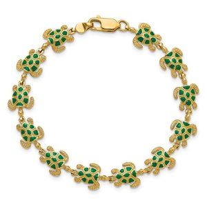 14k Yellow Gold Green Enamel Sea Turtle Charm Link Bracelet 7 Inches long ladies